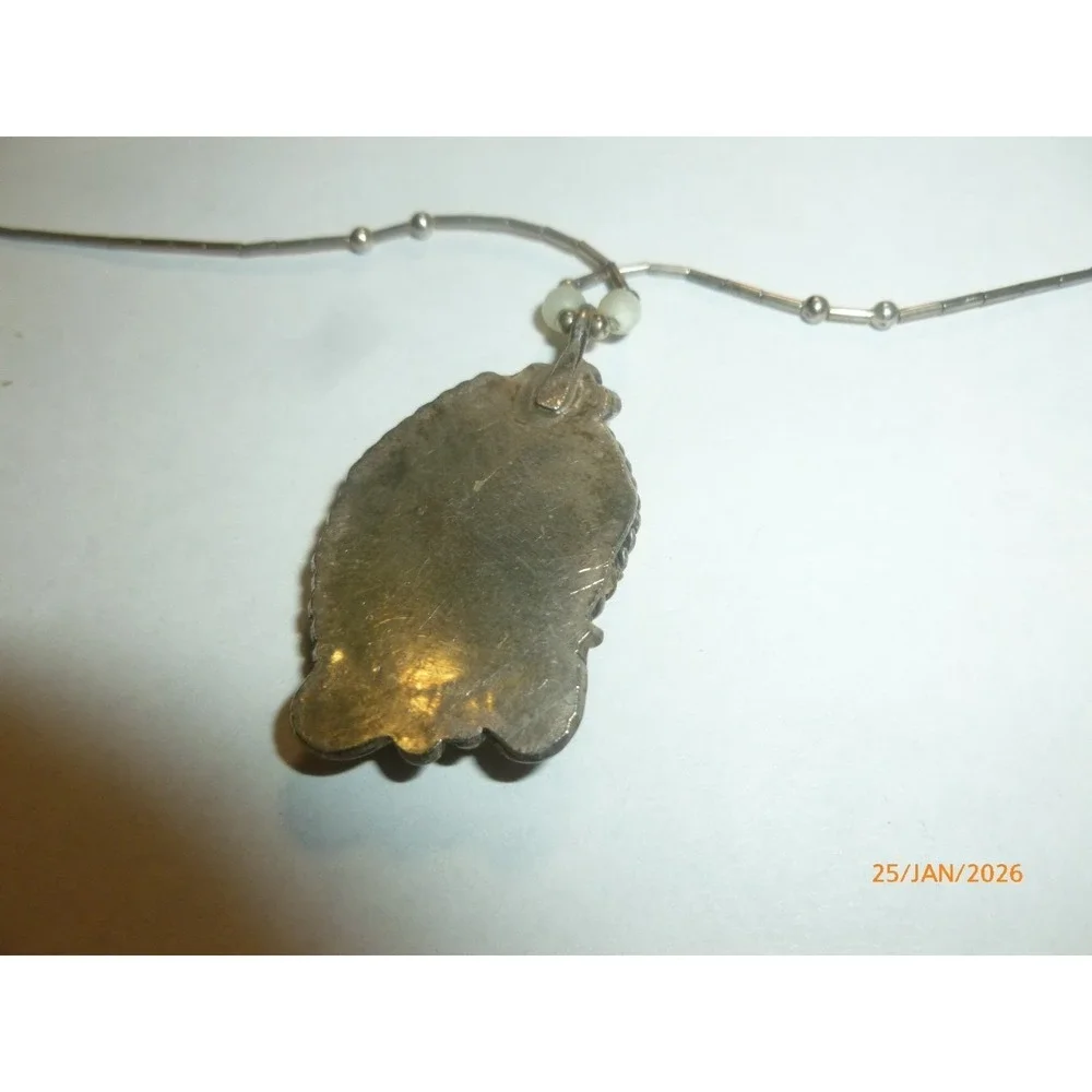 Vintage Southwestern Liquid Silver‎ Necklace White Cabochon Ornate Pendant